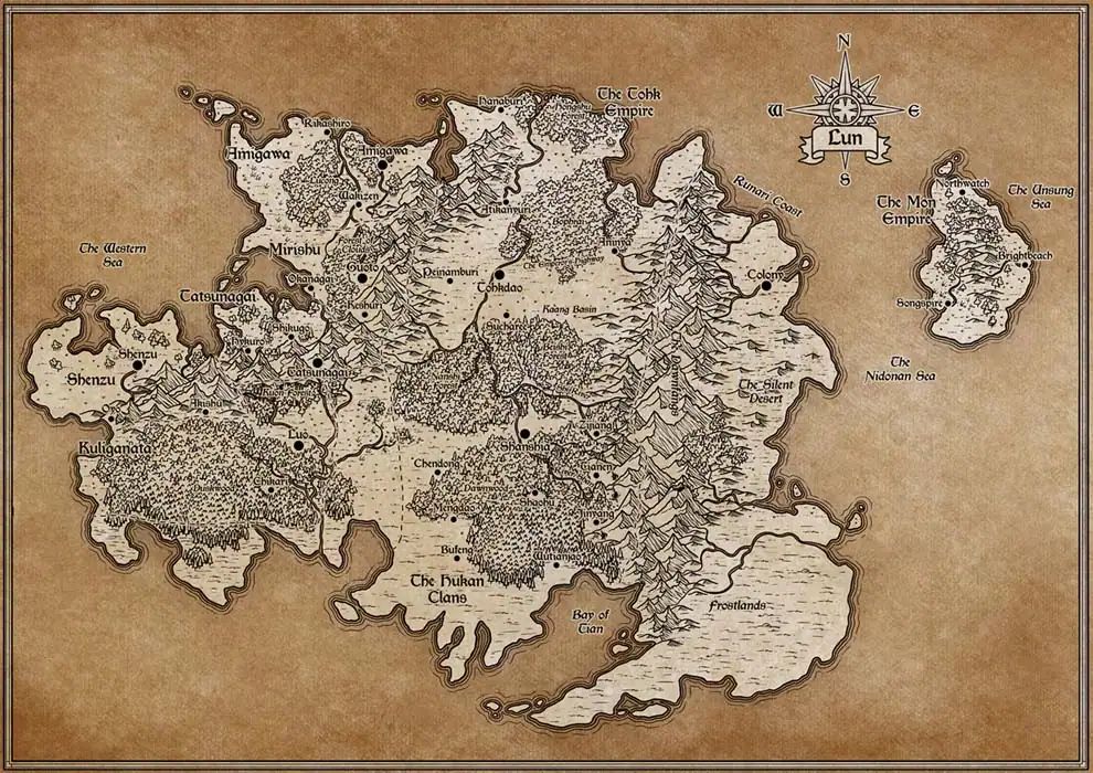 Map of Lun showing regions, rivers, and cities